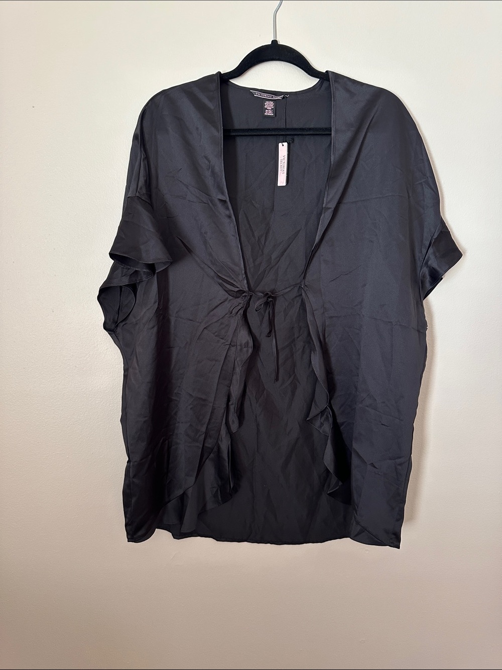 Victoria secret sexy Black Satin Tie-Front Kimono Cardigan